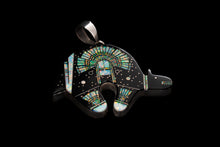 Load image into Gallery viewer, Jet black bear shaped inlay Navajo pendant with a Yei on the surface in opal on a black background