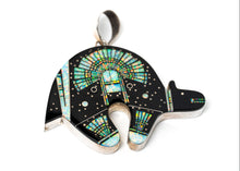 Load image into Gallery viewer, Jet black bear shaped inlay Navajo pendant with a Yei on the surface in opal