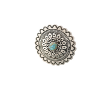 Load image into Gallery viewer, Silver circular Native American ring with a turquoise stone on a white background