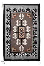 Load image into Gallery viewer, Traditional Navajo handwoven rug with a brown center and a grey and black borden featuring a Navajo geometric patterns