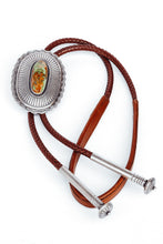 Load image into Gallery viewer, A Sterling Silver Bolo Tie with a Brown Leather Strap, featuring a central emerald-colored stone and two silver tips.