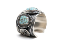 Load image into Gallery viewer, Native American silver cuff bracelet with 3 number eight turquoise stones on a white background