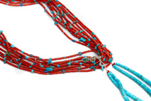 Load image into Gallery viewer, Single Native American necklace with nine strands of Mediterranean coral with sleeping beauty, Royston and Kingman Turquoise stones, and Lapis on a white background