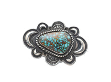 Load image into Gallery viewer, Silver Shadow Blow-Out design with Candelaria Turquoise By Navajo Silversmith Tommy Jackson