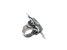 Load image into Gallery viewer, Silver Shadow Blow-Out design with Candelaria Turquoise By Navajo Silversmith Tommy Jackson