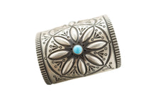 Load image into Gallery viewer, Close up of Herman Smith sterling silver cuff with three Beauty turquoise gemstones and hand-stamped patterns
