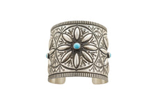 Load image into Gallery viewer, Navajo Herman Smith sterling silver cuff with three Beauty turquoise gemstones and hand-stamped patterns
