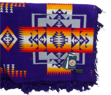 Load image into Gallery viewer, Pendleton Chief Joseph Blanket in purple featuring a traditional Native American-inspired geometric pattern with arrow motifs, folded neatly to show intricate design and soft wool texture front view