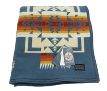 Load image into Gallery viewer, Pendleton Chief Joseph Blanket in Shale featuring a traditional Native American-inspired geometric pattern with arrow motifs, folded neatly to show intricate design and soft wool texture. front View
