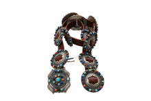 Load image into Gallery viewer, Decorative leather belt with colorful stone embellishments on a white background