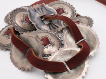 Load image into Gallery viewer, Silver concho belt with brown leather on a white background