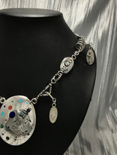 Load image into Gallery viewer, Benson Manygoats Silver chain Inlayed Necklace front middle pendant and two charms on necklace display