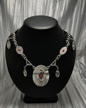 Load image into Gallery viewer, Benson Manygoats Silver Chain Inlayed Necklace front revered coral side on necklace display.