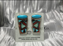 Load image into Gallery viewer, matching earrings set with sterling silver Inlayed with vibrant turquoise, coral, and Onyx geometric patterns,