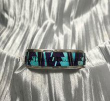 Load image into Gallery viewer, Matching Bracelet featuring Sleeping Beauty turquoise and purple Sugilite Inlayed stones, highlights bold geometric patterns set in sterling silver.