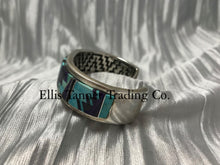Load image into Gallery viewer, Matching Bracelet featuring Sleeping Beauty turquoise and purple Sugilite Inlayed stones, highlights bold geometric patterns set in sterling silver. side profile