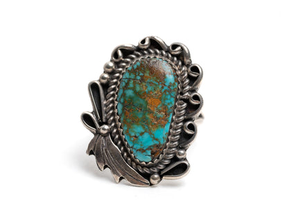 Vintage Old Fashioned Silver Leaf Turquoise Ring
