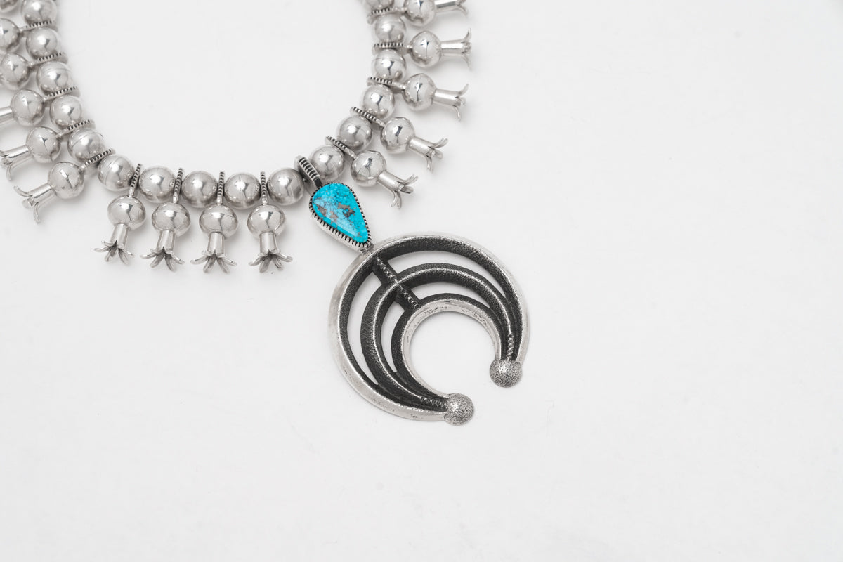 Harrison Jim Navajo Squash Blossom with Morenci Turquoise Gemstone