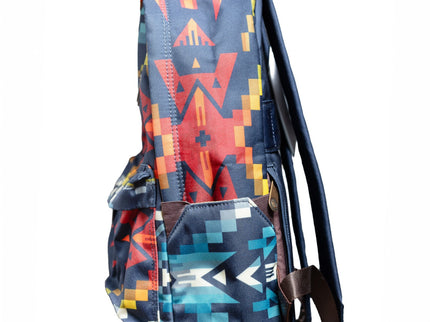 Backpack with colorful geometric pattern on a white background