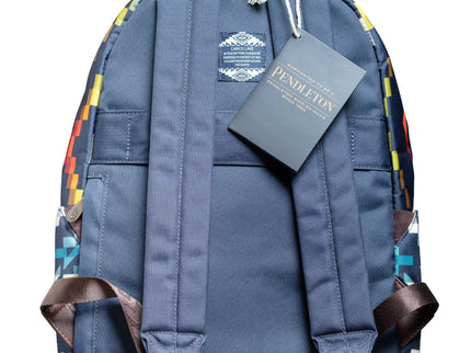 Back view of backpack with which is blue and has blue and brown straps