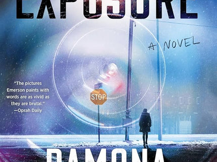 Book Cover for Exposure by Romana Emerson. Dramatic pictures of girl walking alone in snow. Street post and stop sign 