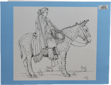 Load image into Gallery viewer, Pencil drawing of a Navajo women with a sheep riding a donkey on gray paper with blue border
