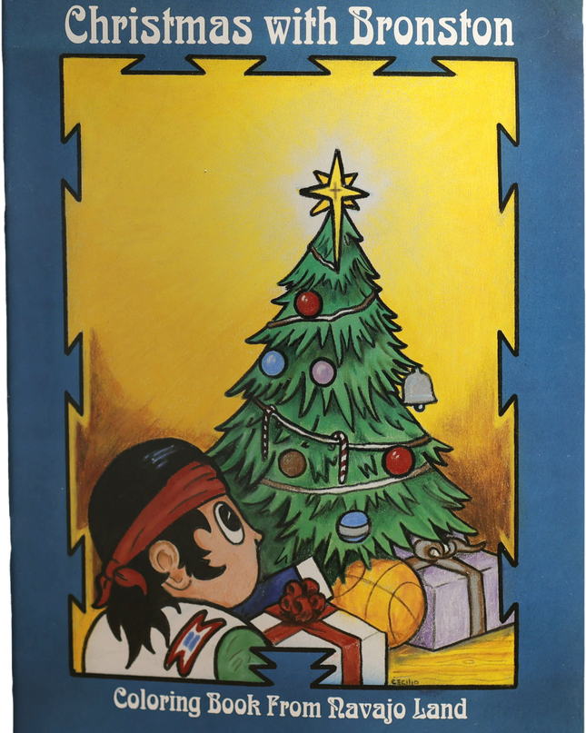 Cover of 'Christmas with Bronston' coloring book featuring a Navajo boy and Christmas tree.