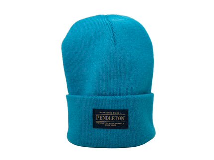 Teal  beanie with Pendleton label on brim back on a white background