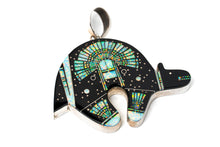 Load image into Gallery viewer, Jet black bear shaped inlay Navajo pendant with a Yei on the surface in opal on white background
