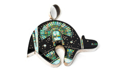Load image into Gallery viewer, Jet black bear shaped inlay Navajo pendant with a Yei on the surface in opal
