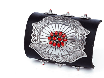 Black bow guard with silver and coral stones