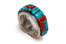 Load image into Gallery viewer, Ring with turquoise and coral stone inlay on a white background
