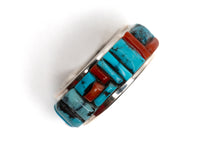 Load image into Gallery viewer, Silver ring with turquoise and coral stone inlay on a white background
