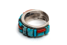 Load image into Gallery viewer, Sterling silver ring with turquoise and coral stone inlay on a white background
