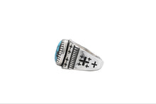 Load image into Gallery viewer, Navajo silver and turquoise ring with black stamped crosses displayed on a white background
