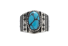 Load image into Gallery viewer, Navajo designed silver ring with one Egyptian turquoise stone and 8 crosses etched on top displayed on a light gray background
