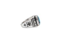 Load image into Gallery viewer, side profile of a Navajo silver ring with cross designs on a light gray background
