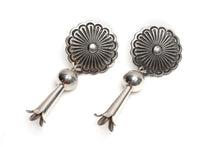 Load image into Gallery viewer, Pair of Native American silver earrings with floral designs on a white background

