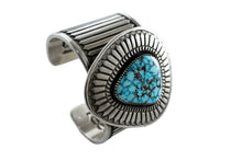 Load image into Gallery viewer, Navajo silver cuff bracelet with Kingman turquoise stone on a white background
