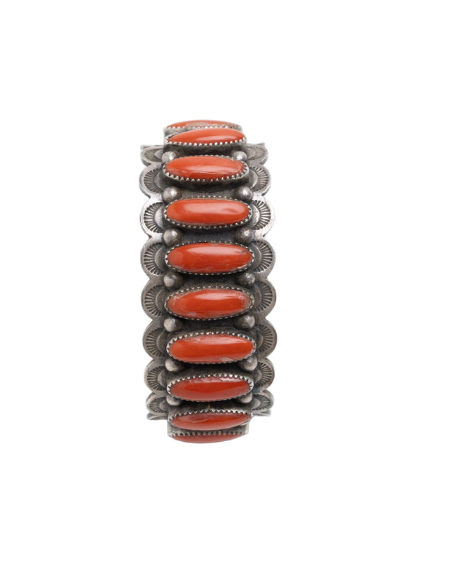 Sterling Silver Red Coral Bracelet Top View, on top of a white background