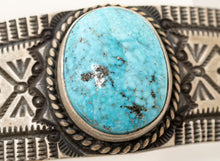 Load image into Gallery viewer, Close up of Kingman turquoise on a cuff
