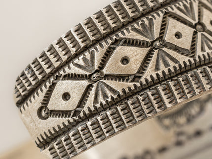 Close-up of a silver ring with intricate geometric design