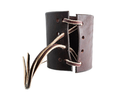 Back view of a leather bow guard which has one long leather tie threaded through 12 holes