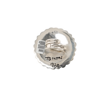 Load image into Gallery viewer, Back of a sterling silver ring with a adjustable band that has stamps on a white background
