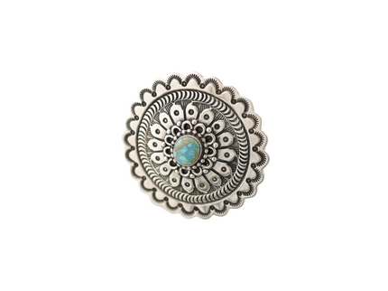 Silver circular Native American ring with a turquoise stone on a white background