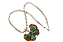 Load image into Gallery viewer, Butterfly necklace with a turquoise and coral pendant on a white background
