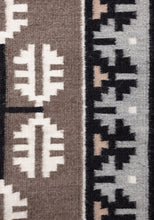 Load image into Gallery viewer, Close-up of a Navajo rug with geometric designs in black, white, and gray.
