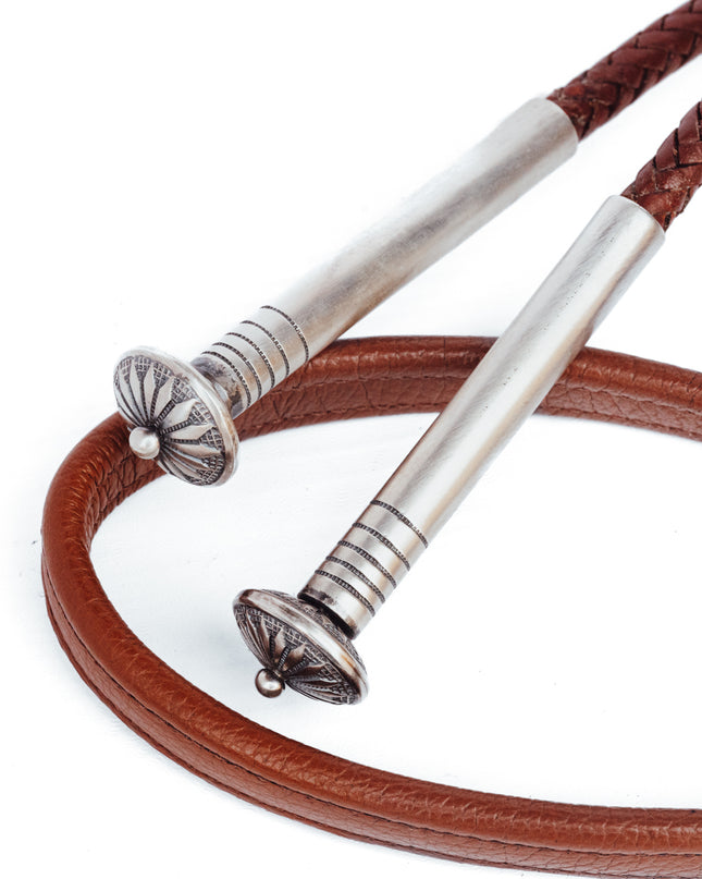 Matthew Charley Silver brown Bolo Tie with Turquoise Close up Silver tips 