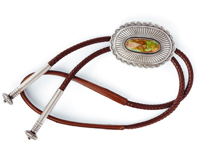 Matthew Charley Silver brown Bolo Tie with Turquoise on white background