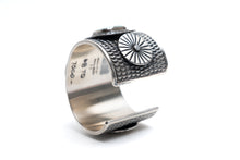 Load image into Gallery viewer, Silver cuff bracelet with textured design on a white background
